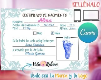 Certificado de Nacimiento de Bebés Reborn para Artistas, Marcas o Tiendas (Azul)