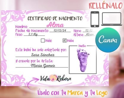 Certificado de Nacimiento de Bebés Reborn para Artistas, Marcas o Tiendas (Rosa)