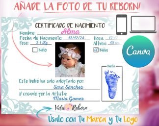 Certificado de Nacimiento de Bebés Reborn con Foto para Artistas, Marcas o Tiendas (Azul)