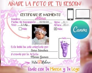 Certificado de Nacimiento de Bebés Reborn con Foto para Artistas, Marcas o Tiendas (Rosa)