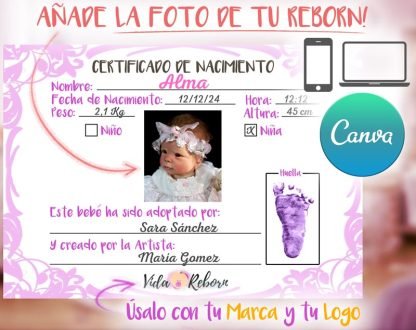 Certificado de Nacimiento de Bebés Reborn con Foto para Artistas, Marcas o Tiendas (Rosa)